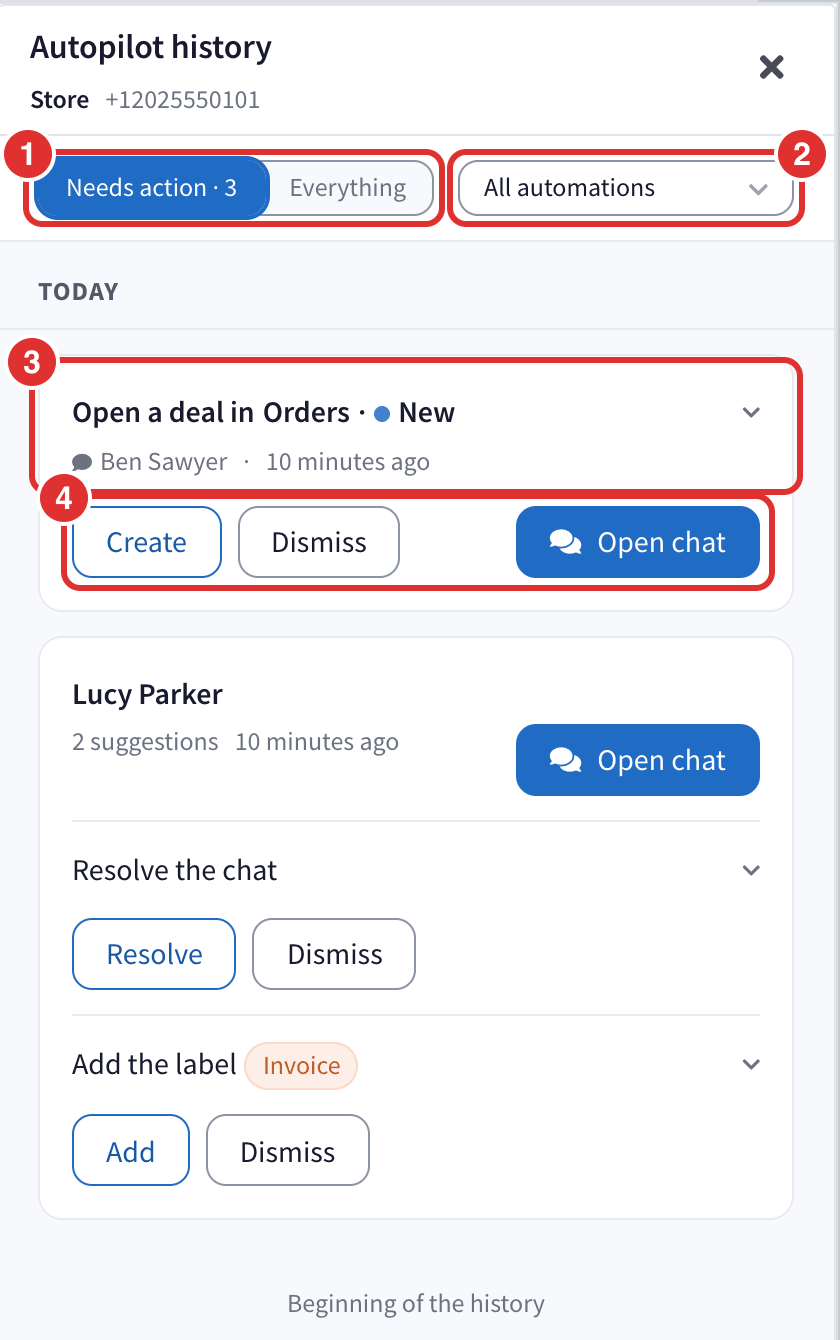 The Autopilot history on Needs action: 1. the two views, 2. the automation filter, 3. a suggestion with the customer, what it proposes and why, 4. the buttons to decide
