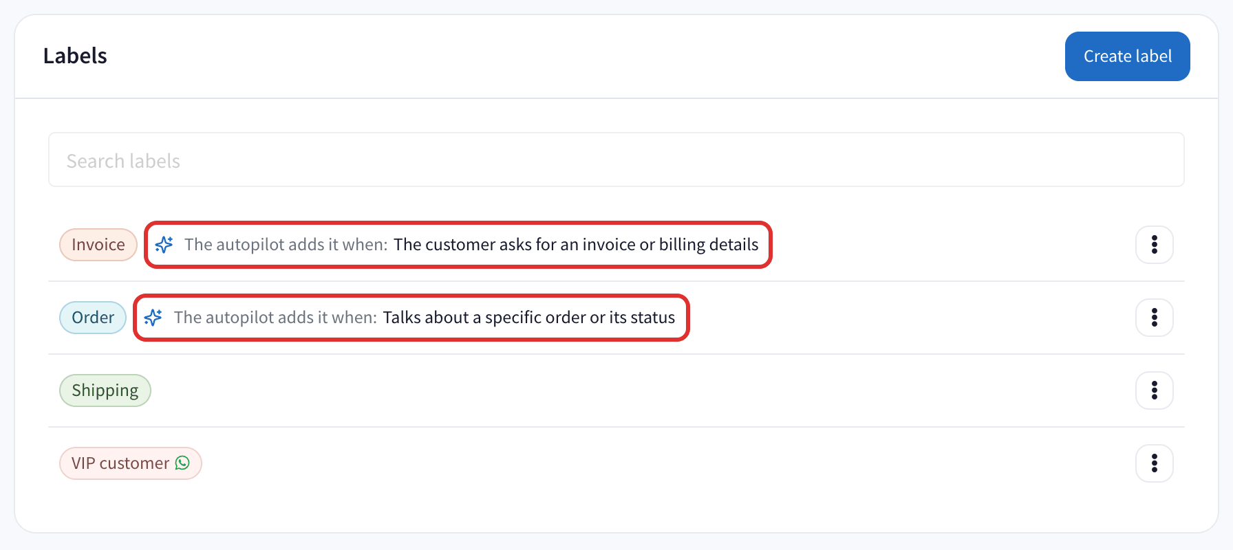The labels list: Invoice and Order with their instruction, Shipping without one